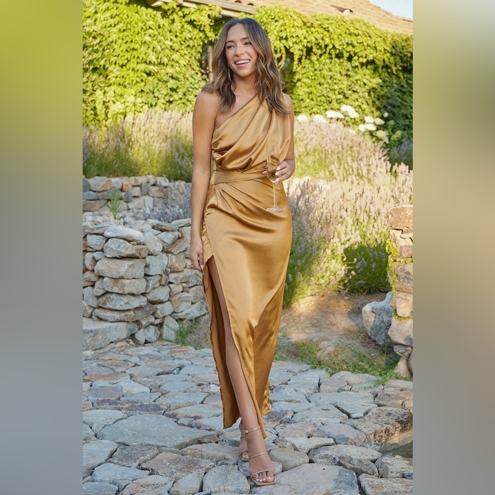 PETAL & PUP NADIA ONE SHOULDER MAXI DRESS - BRONZE SIZE 2 B1566